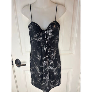 Y2K Vintage Deb Black Metallic Silver Abstract Print Mini Dress M Party stretch